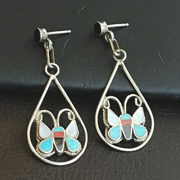 Vintage Native American Zuni sterling silver gemstone inlay butterfly earrings - Picture 5 of 8